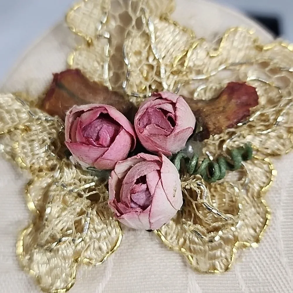 Vtg 80'sRomantic oval Fabric Covered Box with matching Oval Frame Coquette